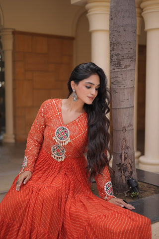 Orange Kutchi Patchwork Laheriya Gown ClothsVilla