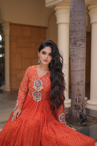 Orange Kutchi Patchwork Laheriya Gown ClothsVilla