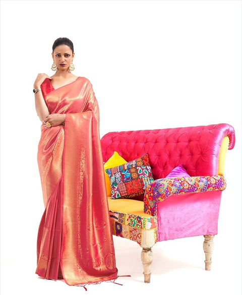Orange Luxurious Silk Jacquard Saree with Blouse Piece – Perfect for Festivals ClothsVilla Main image