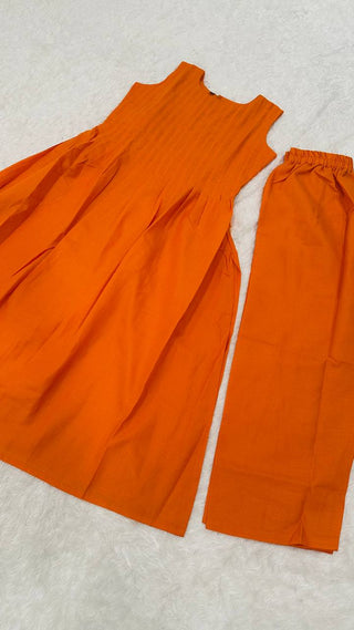Orange Magic Slub Cotton Co-ord Set – Fully Stitched Top & Pant for Everyday Elegance ClothsVilla
