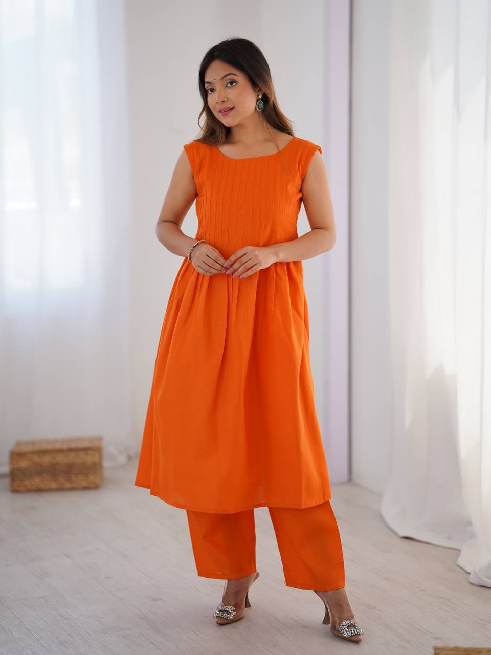 Orange Magic Slub Cotton Co-ord Set – Fully Stitched Top & Pant for Everyday Elegance ClothsVilla Main image