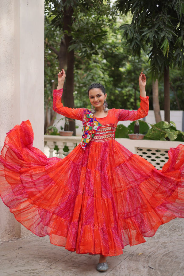 Orange Navratri Special Laheriya & Bandhej Printed Faux Georgette Gown with Kutchi Patchwork ClothsVilla