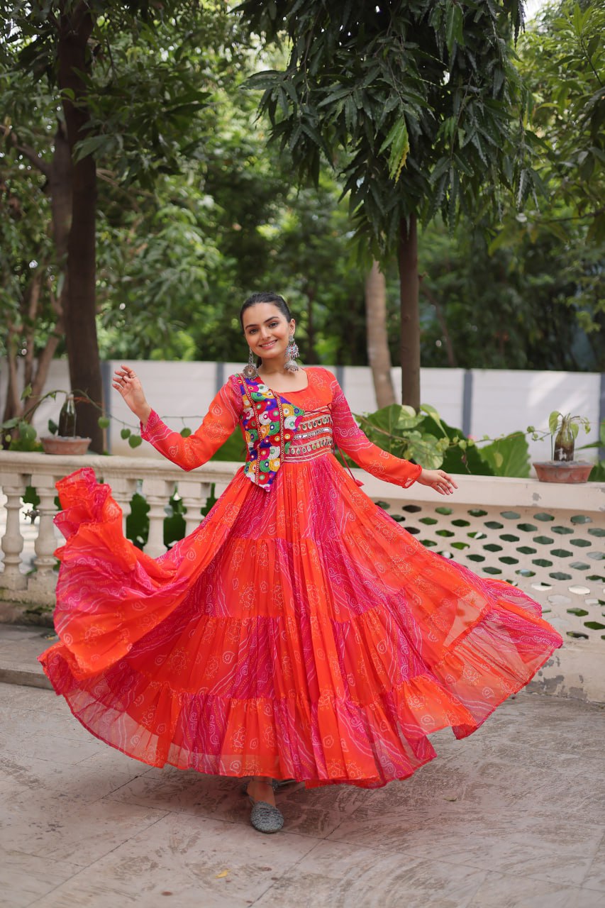 Orange Navratri Special Laheriya & Bandhej Printed Faux Georgette Gown with Kutchi Patchwork ClothsVilla