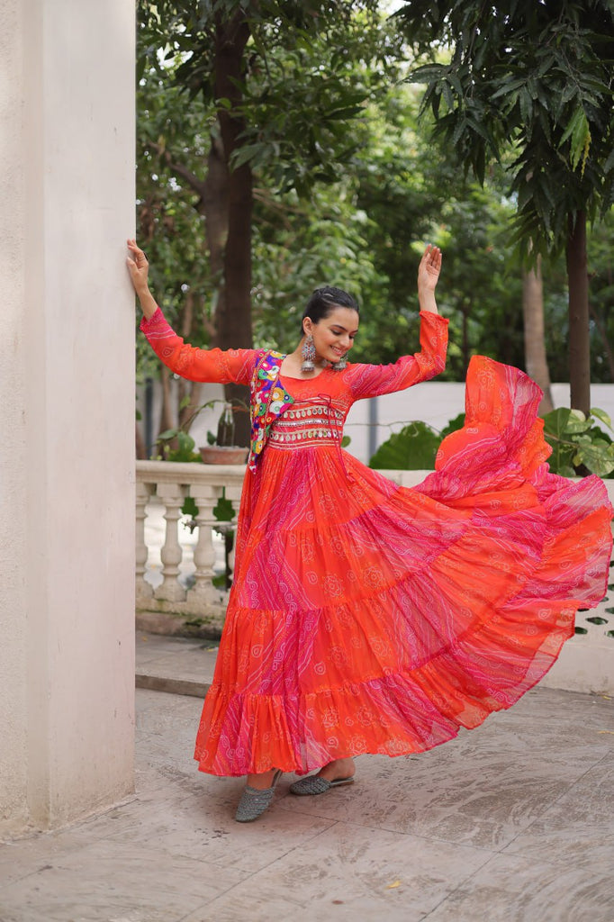 Orange Navratri Special Laheriya & Bandhej Printed Faux Georgette Gown with Kutchi Patchwork ClothsVilla