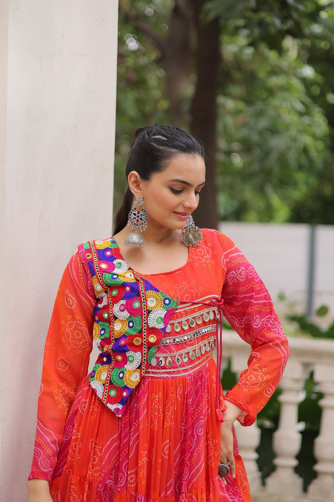 Orange Navratri Special Laheriya & Bandhej Printed Faux Georgette Gown with Kutchi Patchwork ClothsVilla