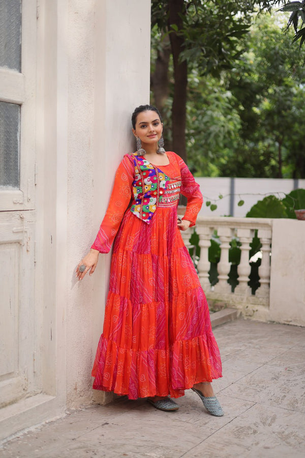 Orange Navratri Special Laheriya & Bandhej Printed Faux Georgette Gown with Kutchi Patchwork ClothsVilla