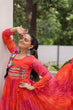 Load image into Gallery viewer, Orange Navratri Special Laheriya &amp; Bandhej Printed Faux Georgette Gown with Kutchi Patchwork ClothsVilla