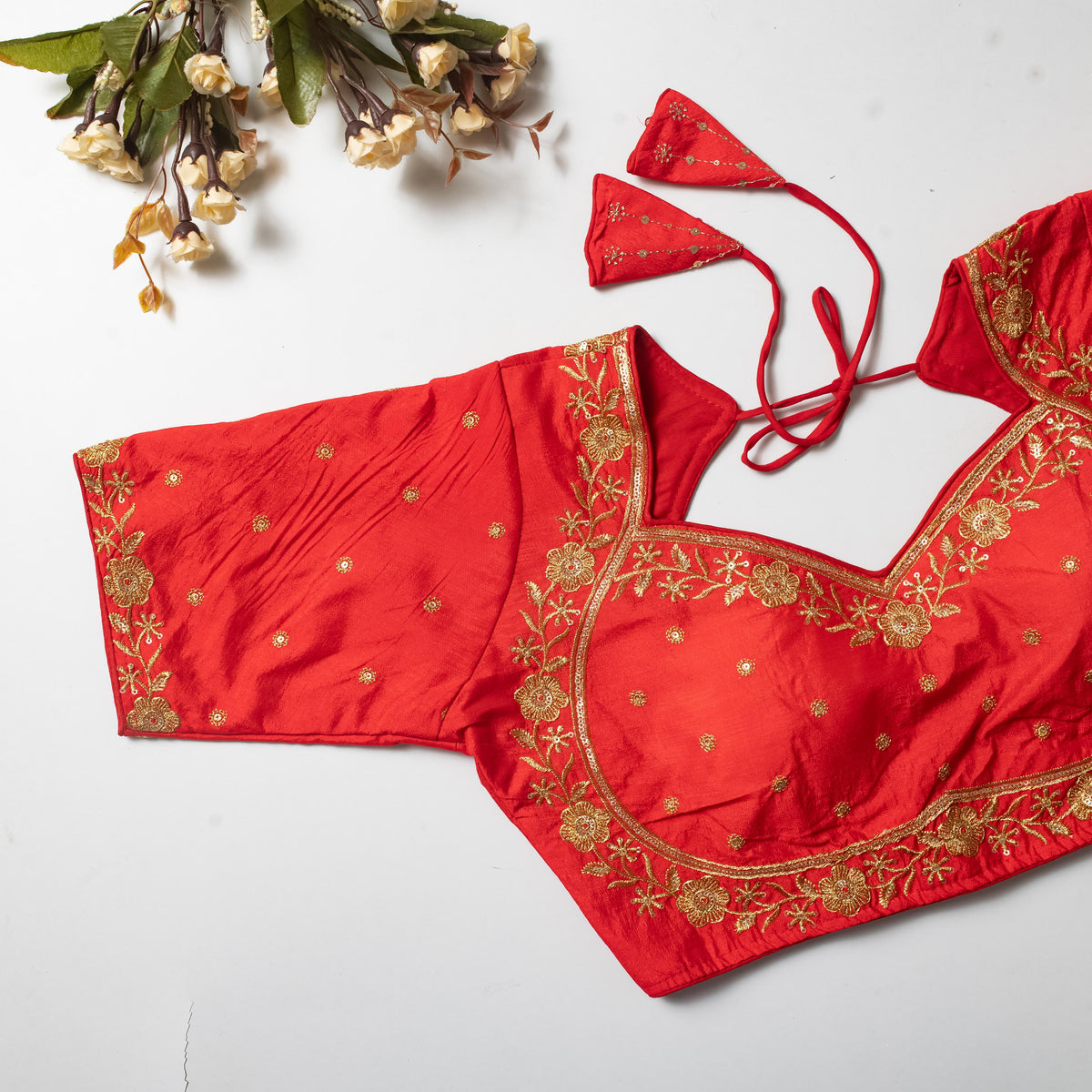 Orange Olive Silk Blouse with Golden Embroidery and Sequins ClothsVilla Main image