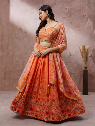 Orange Organza Floral Printed Semi-Stitched Lehenga choli & Dupatta Clothsvilla