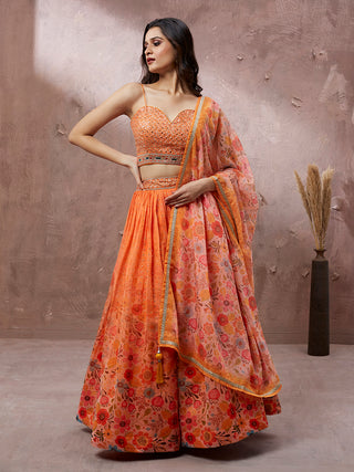 Orange Organza Floral Printed Semi-Stitched Lehenga choli & Dupatta Clothsvilla