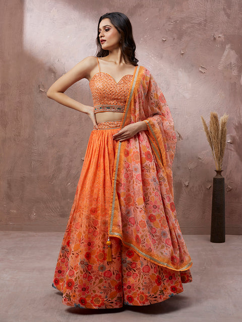 Orange Organza Floral Printed Semi-Stitched Lehenga choli & Dupatta Clothsvilla Main image