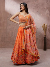 Load image into Gallery viewer, Orange Organza Floral Printed Semi-Stitched Lehenga choli &amp; Dupatta Clothsvilla