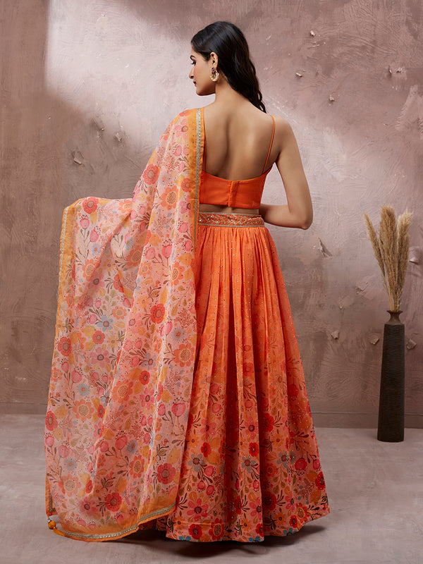Orange Organza Floral Printed Semi-Stitched Lehenga choli & Dupatta Clothsvilla