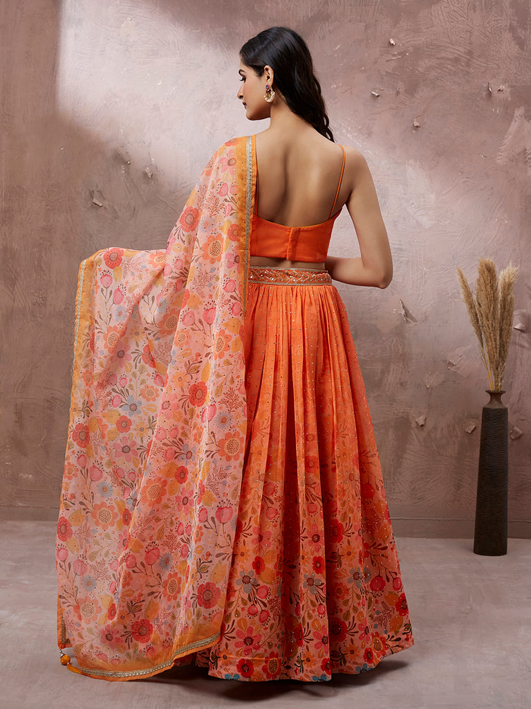 Orange Partywear Floral Print With Sequin Zari Embroidered Organza Lehenga  Choli
