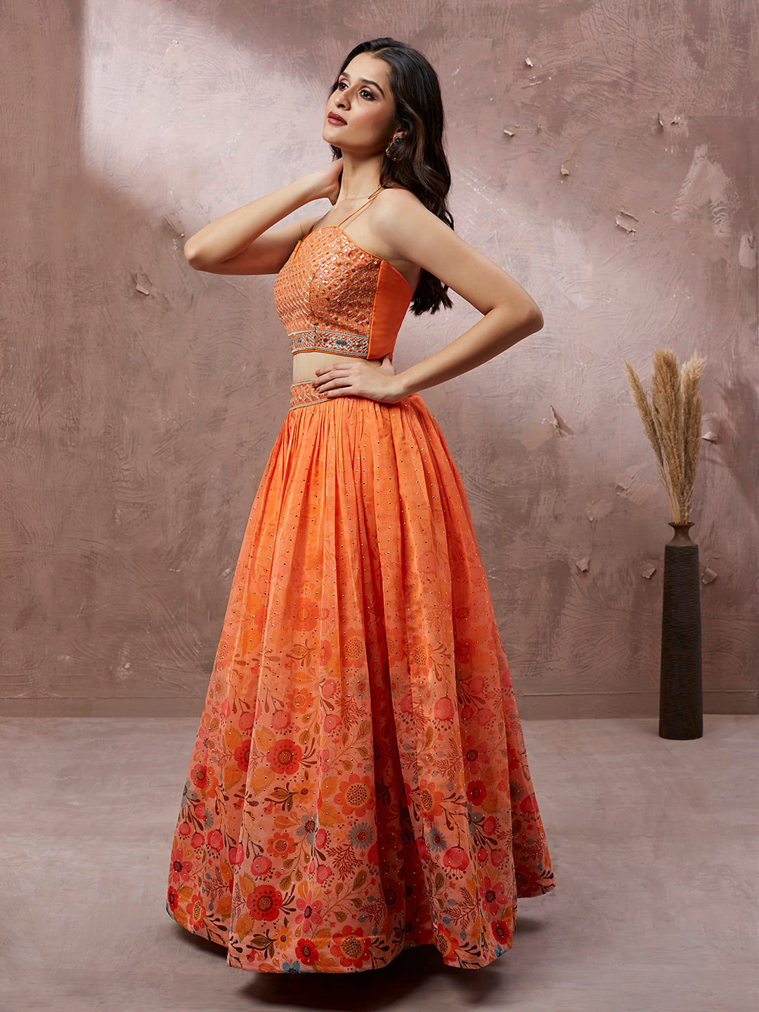 Orange Organza Floral Printed Semi-Stitched Lehenga choli & Dupatta Clothsvilla