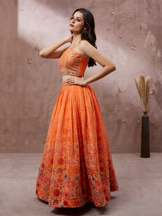 Orange Organza Floral Printed Semi-Stitched Lehenga choli & Dupatta Clothsvilla