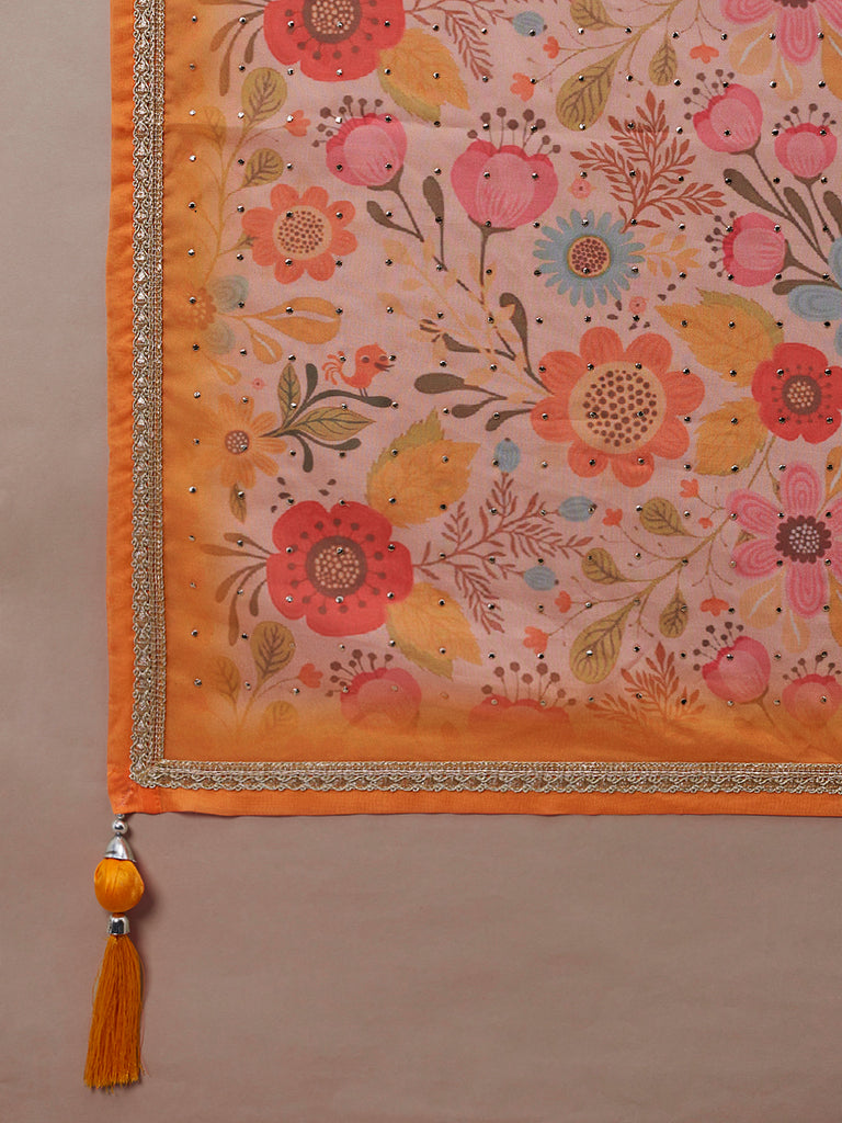 Orange Organza Floral Printed Semi-Stitched Lehenga choli & Dupatta Clothsvilla