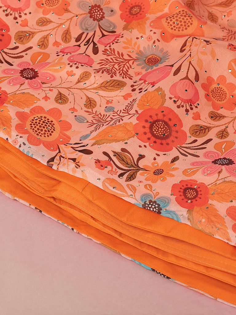 Orange Organza Floral Printed Semi-Stitched Lehenga choli & Dupatta Clothsvilla
