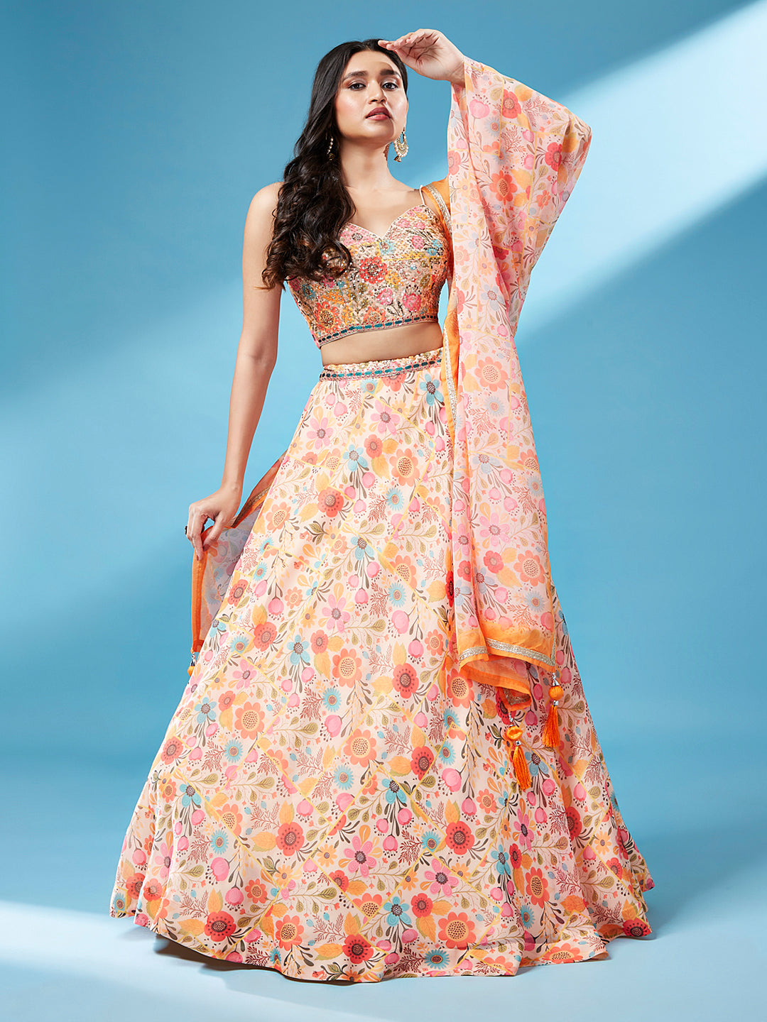 Orange Organza Floral Printed Semi-Stitched Lehenga choli & Dupatta Clothsvilla