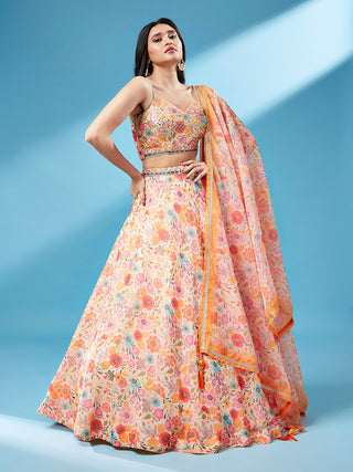 Orange Organza Floral Printed Semi-Stitched Lehenga choli & Dupatta Clothsvilla