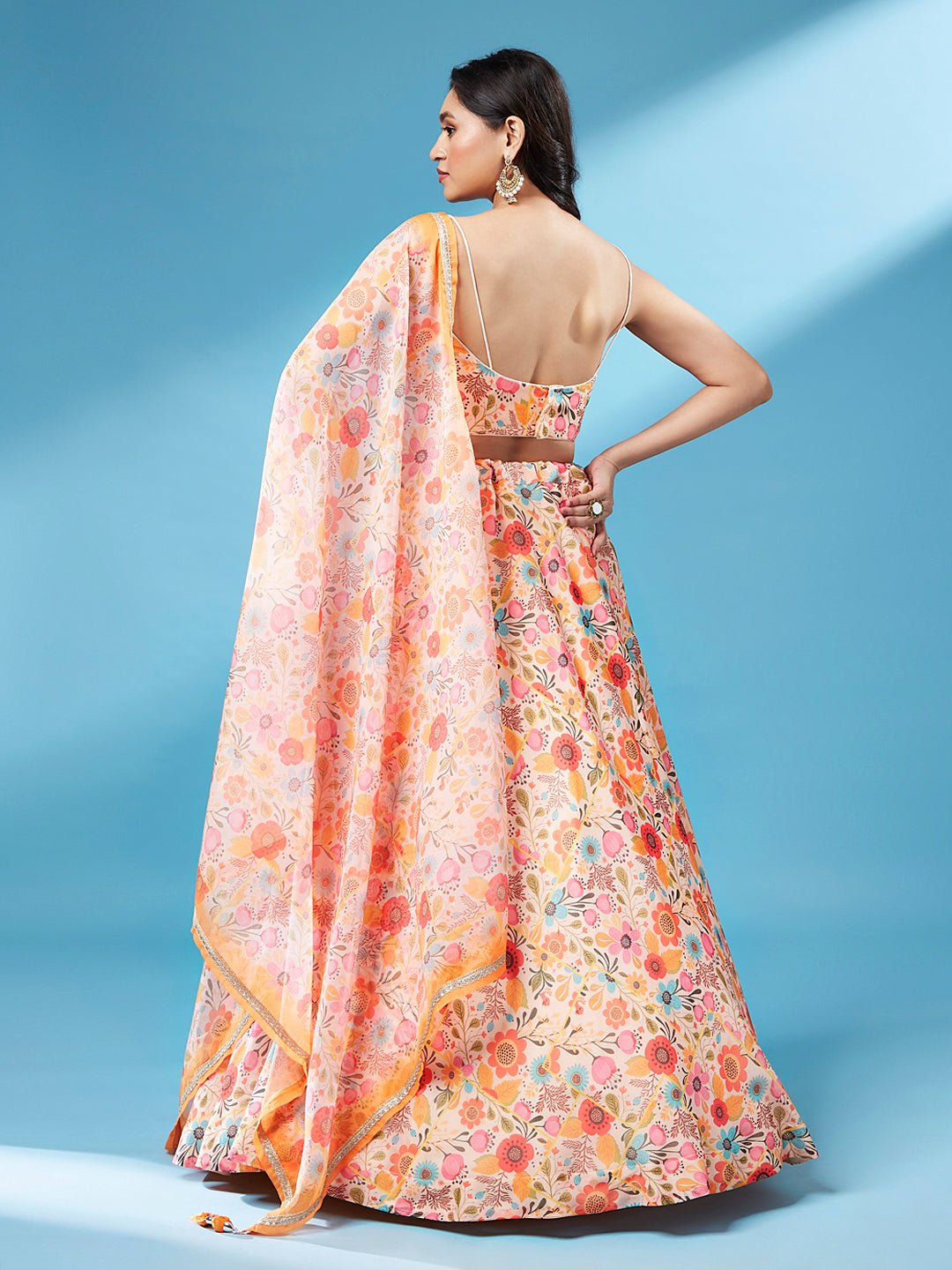 Orange Organza Floral Printed Semi-Stitched Lehenga choli & Dupatta Clothsvilla