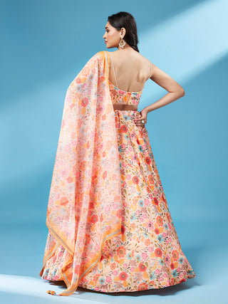 Orange Organza Floral Printed Semi-Stitched Lehenga choli & Dupatta Clothsvilla