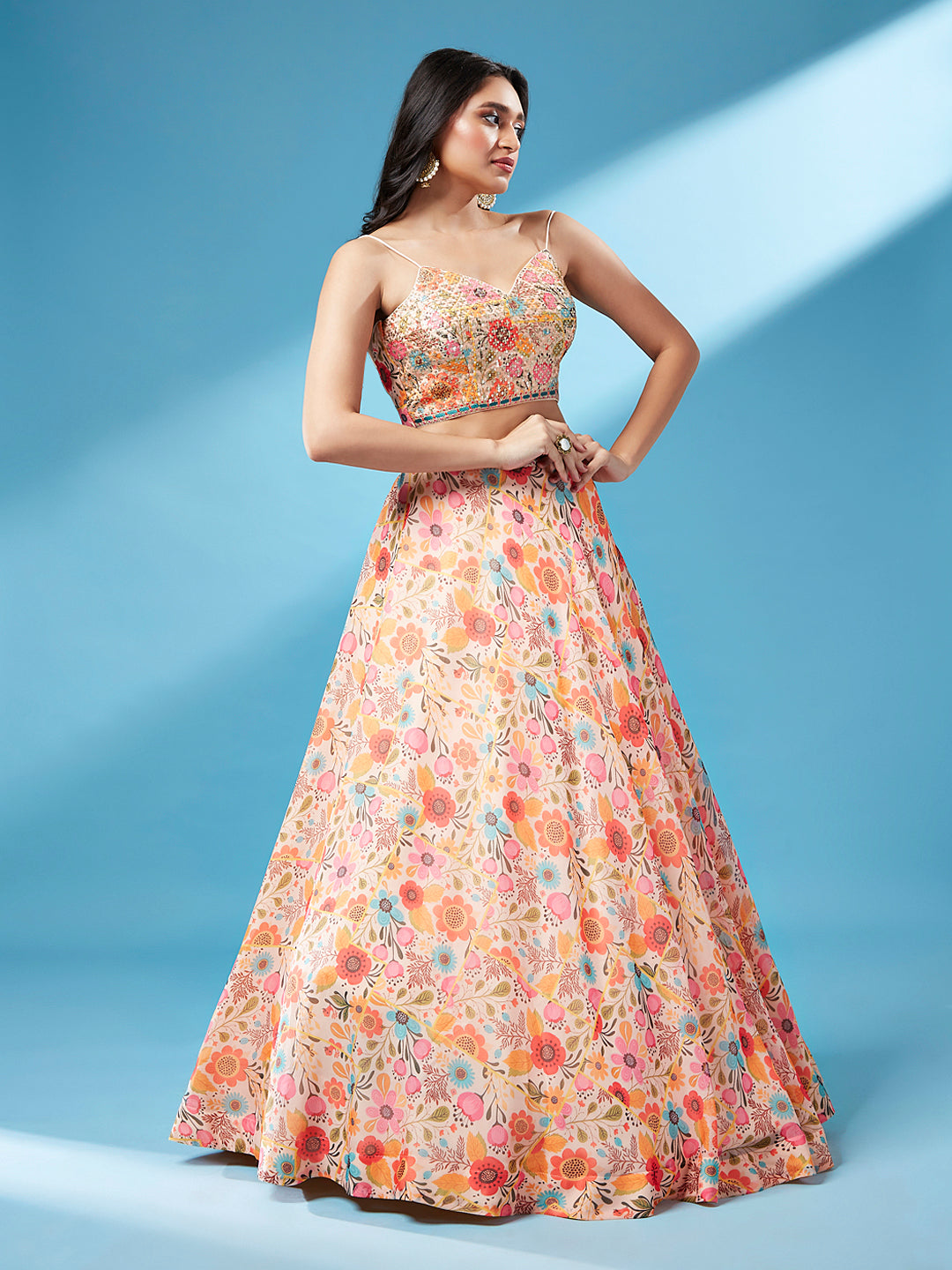 Orange Organza Floral Printed Semi-Stitched Lehenga choli & Dupatta Clothsvilla