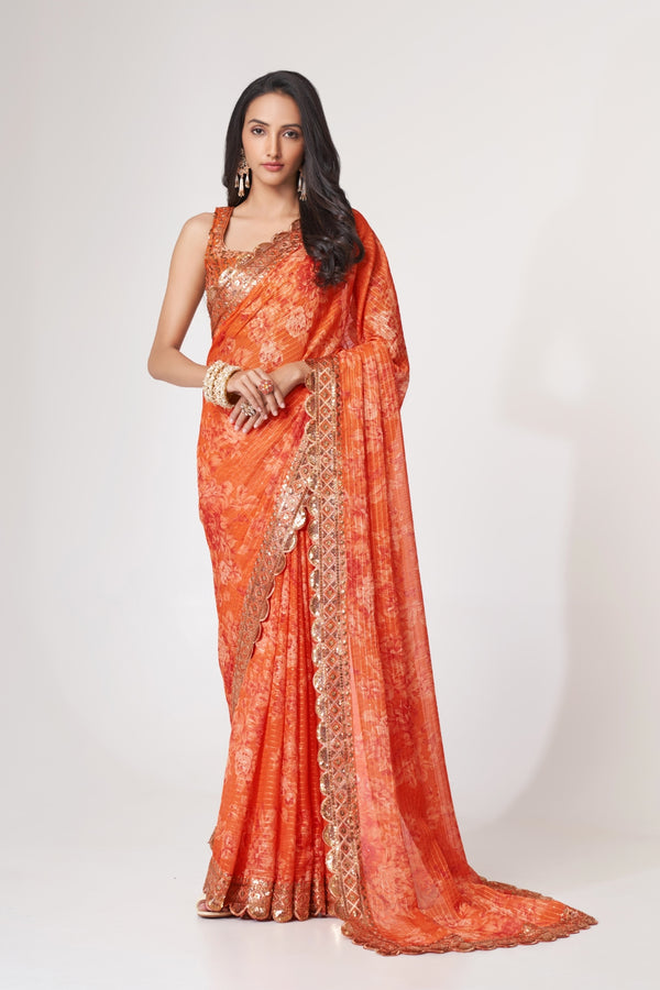 Orange Organza Saree with Sequin Embroidery and Digital Print ClothsVilla