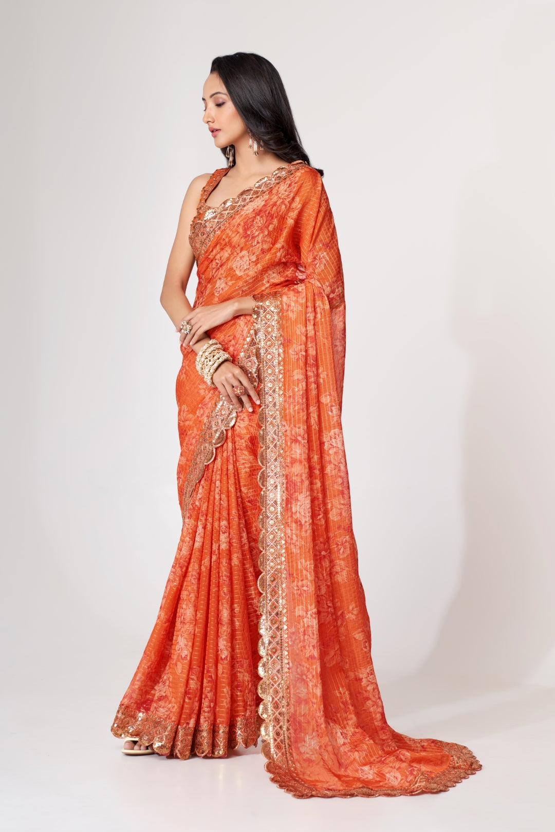 Orange Organza Saree with Sequin Embroidery and Digital Print Secondary image
