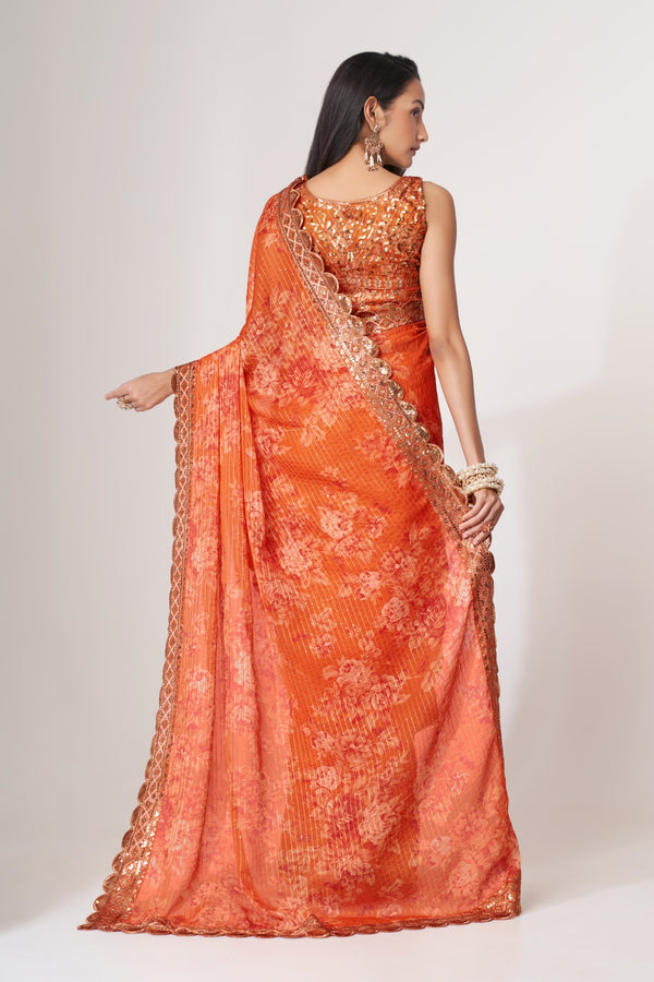 Orange Organza Saree with Sequin Embroidery and Digital Print ClothsVilla