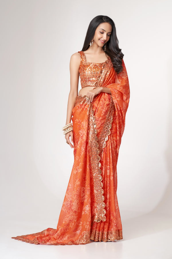 Orange Organza Saree with Sequin Embroidery and Digital Print ClothsVilla