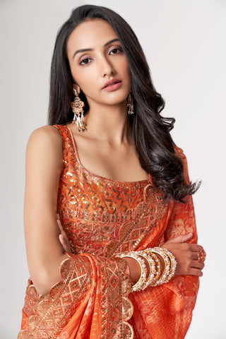 Orange Organza Saree with Sequin Embroidery and Digital Print ClothsVilla