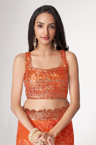 Orange Organza Saree with Sequin Embroidery and Digital Print ClothsVilla