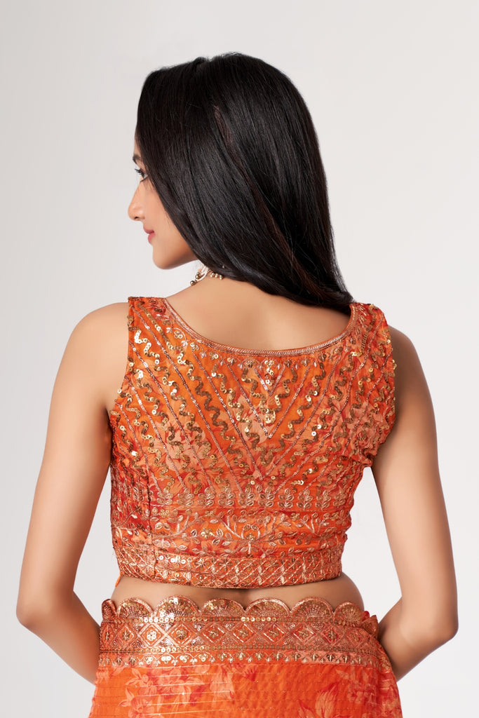 Orange Organza Saree with Sequin Embroidery and Digital Print ClothsVilla
