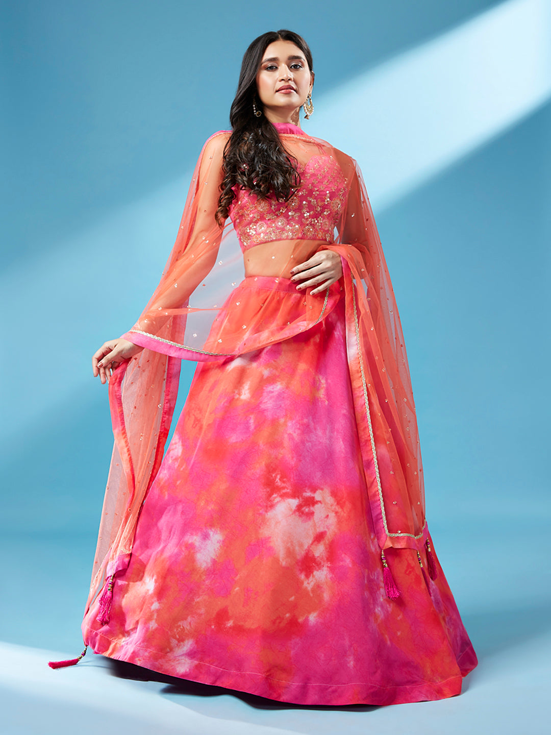 Orange Organza Shibori Printed Semi-Stitched Lehenga choli & Dupatta Clothsvilla