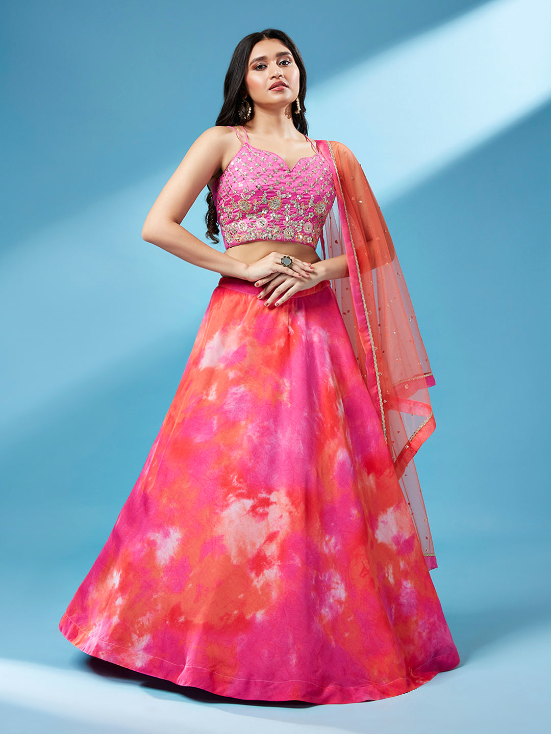 Orange Organza Shibori Printed Semi-Stitched Lehenga choli & Dupatta Clothsvilla