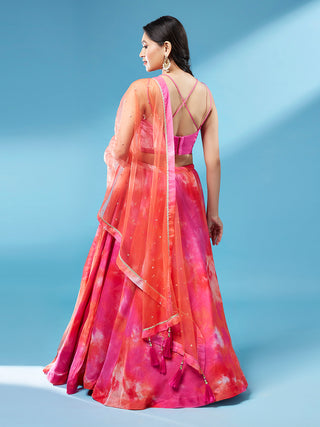 Orange Organza Shibori Printed Semi-Stitched Lehenga choli & Dupatta Clothsvilla