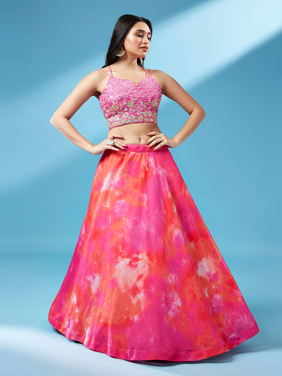 Orange Organza Shibori Printed Semi-Stitched Lehenga choli & Dupatta Clothsvilla