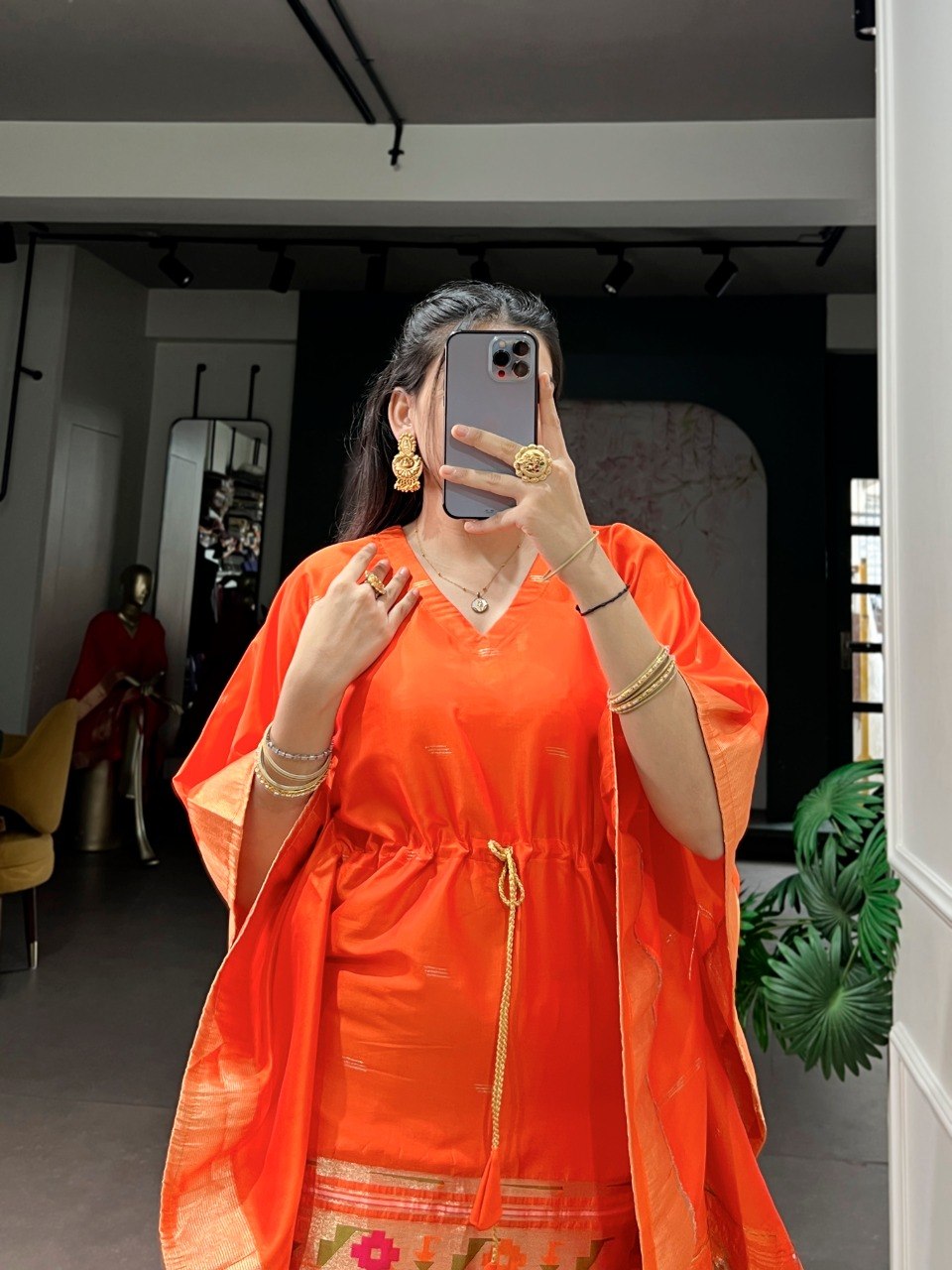 Orange Paithani Zari Weaving Kaftan ClothsVilla