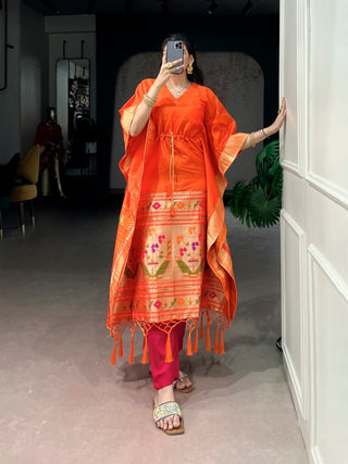 Orange Paithani Zari Weaving Kaftan ClothsVilla