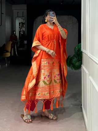 Orange Paithani Zari Weaving Kaftan ClothsVilla