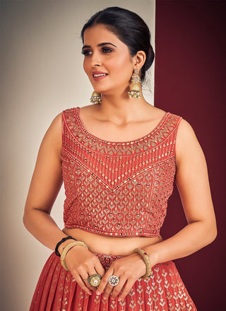 Orange Pakistani Georgette Lehenga Choli For Indian Festivals & Weddings - Sequence Embroidery Work, Mirror Work Clothsvilla