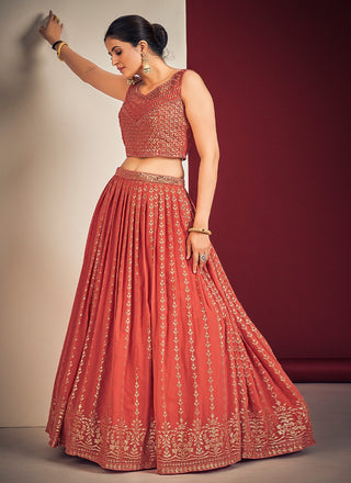 Orange Pakistani Georgette Lehenga Choli For Indian Festivals & Weddings - Sequence Embroidery Work, Mirror Work Clothsvilla