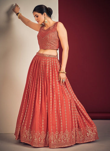 Orange Pakistani Georgette Lehenga Choli For Indian Festivals & Weddings - Sequence Embroidery Work, Mirror Work Clothsvilla