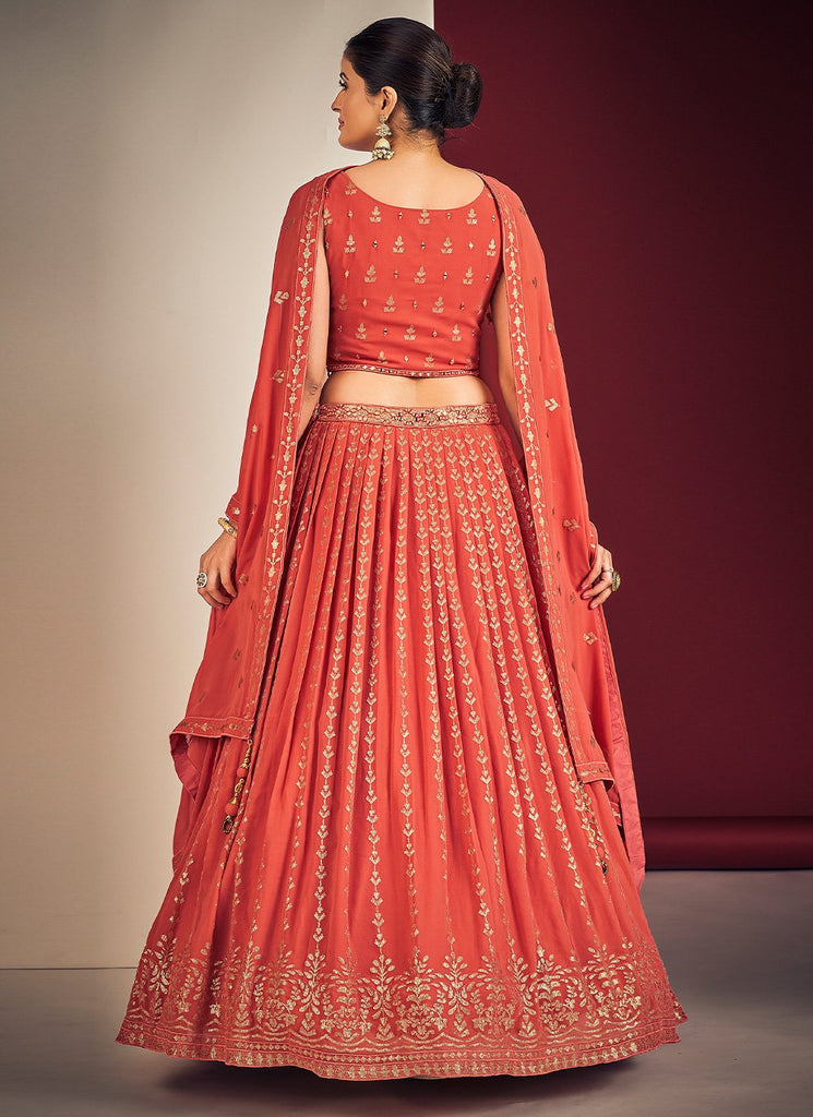 Orange Pakistani Georgette Lehenga Choli For Indian Festivals & Weddings - Sequence Embroidery Work, Mirror Work Clothsvilla