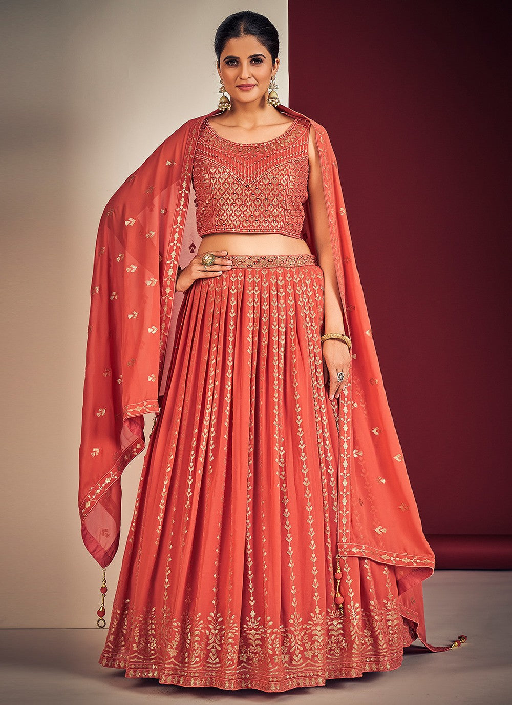 Orange Pakistani Georgette Lehenga Choli For Indian Festivals & Weddings - Sequence Embroidery Work, Mirror Work Clothsvilla