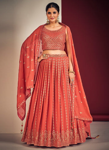 Orange Pakistani Georgette Lehenga Choli For Indian Festivals & Weddings - Sequence Embroidery Work, Mirror Work Clothsvilla