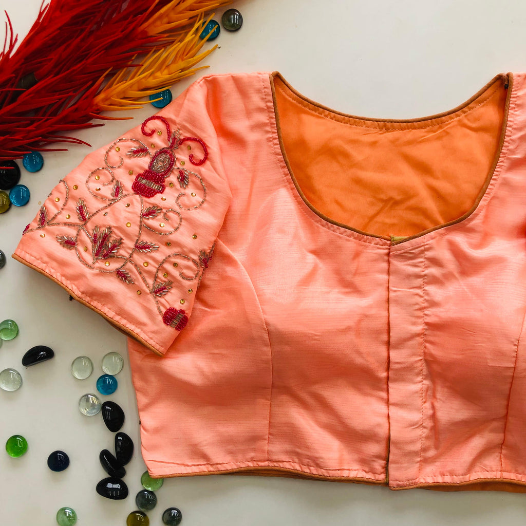 Orange Pearl Embroidered Keri Silk Party Wear Blouse ClothsVilla