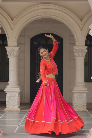 Orange & Pink Roman Fabric Lehenga Choli with Mirror Lace & Gamthi Thread Work ClothsVilla