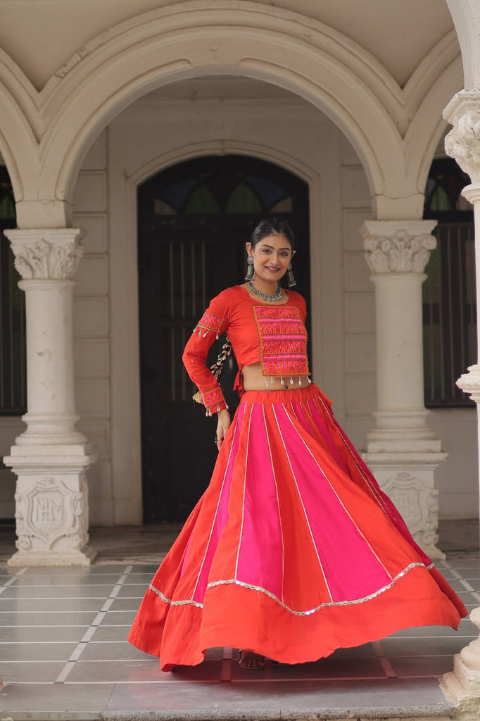 Orange & Pink Roman Fabric Lehenga Choli with Mirror Lace & Gamthi Thread Work ClothsVilla